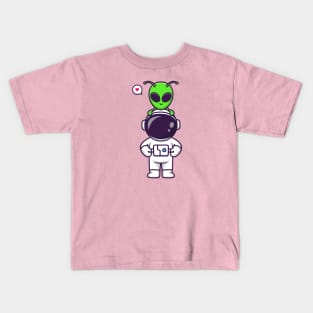 Cute Astronaut With Alien Cartoon Kids T-Shirt